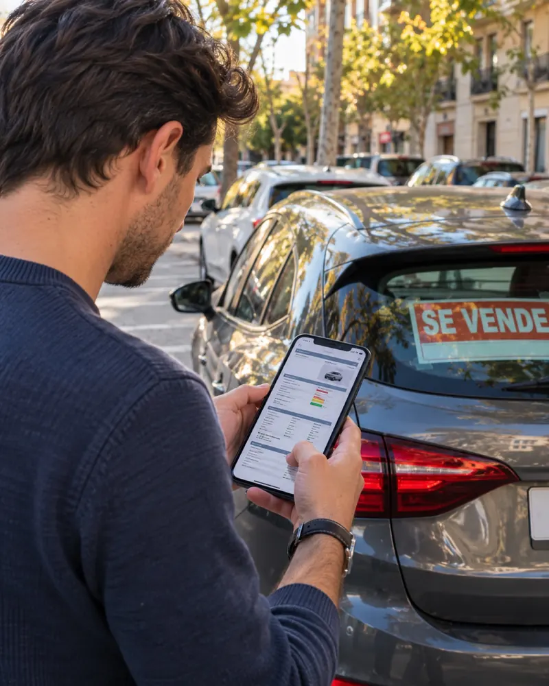 Persona recibiendo el informe del vehículo en el móvil junto al coche