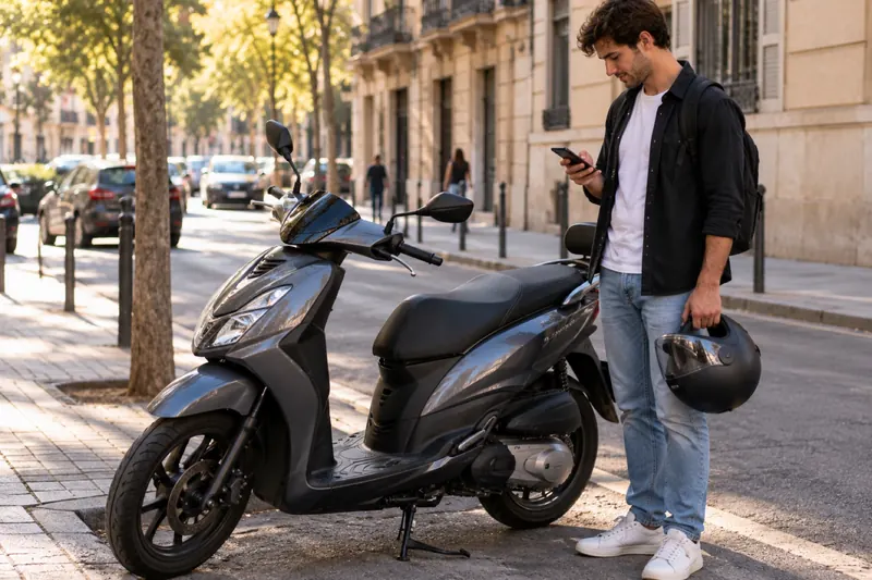 Persona joven con casco junto a un scooter de segunda mano